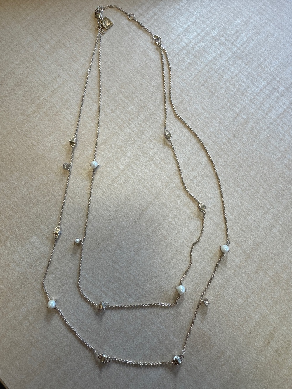 Banana Republic Silver Tone Multi Strand Pearl & Rhinestone Necklace